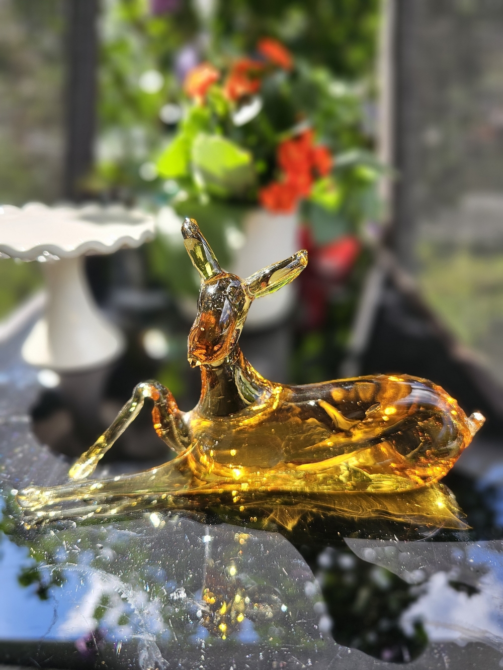 Vintage Pilgrim Glass Amber Art Glass Resting Fawn Deer Figurine Hand Blown